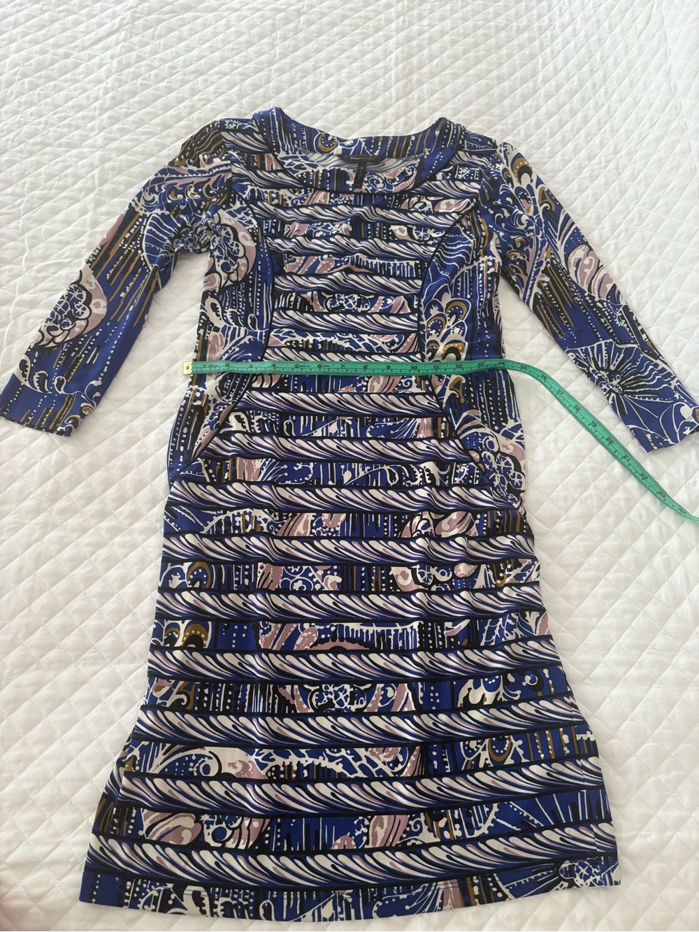 BCBG Maxazria  Blue Patterned Long Sleeve Shift Dress